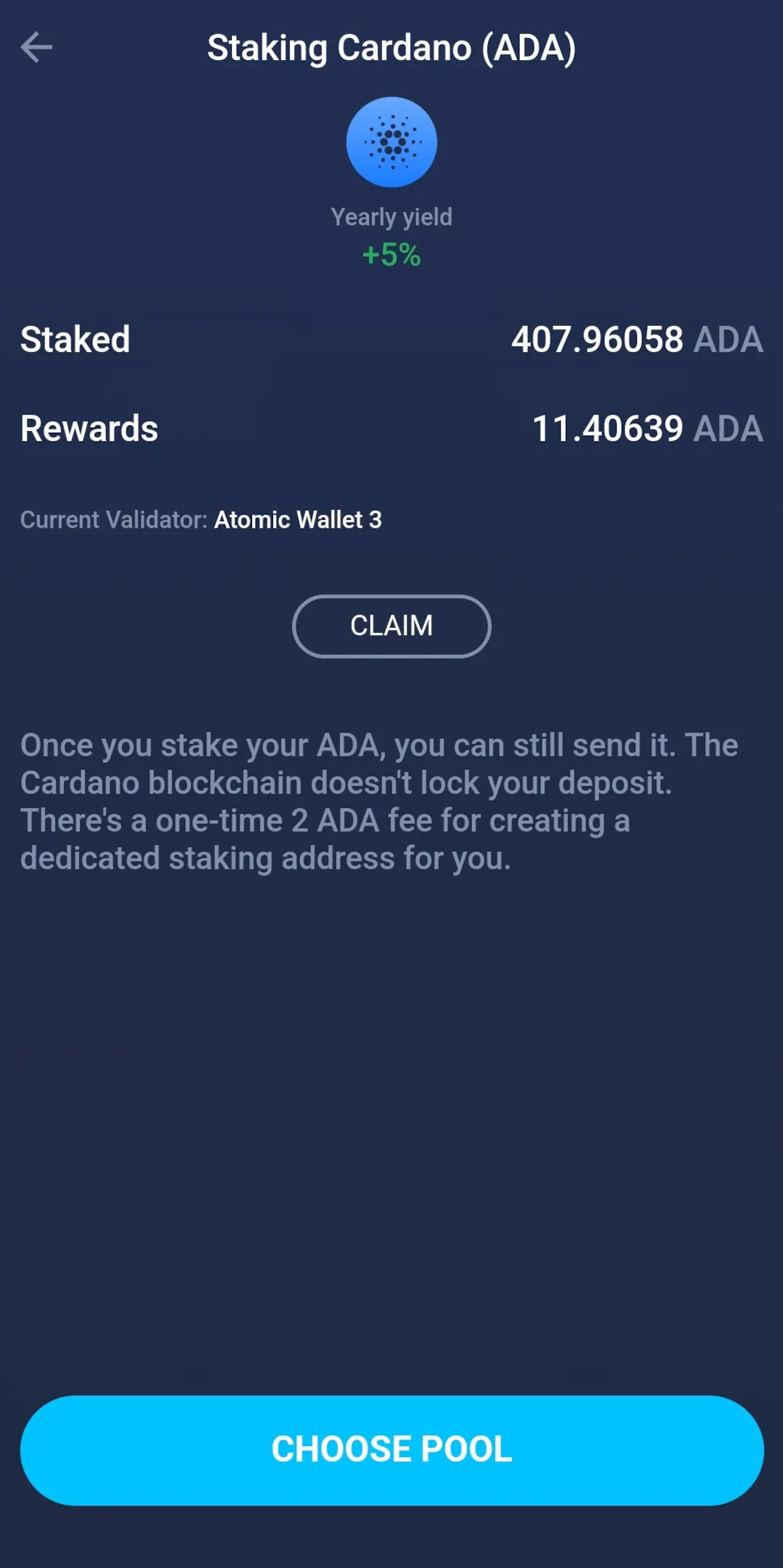 ADA staking interface in the mobile version of Atomic Wallet