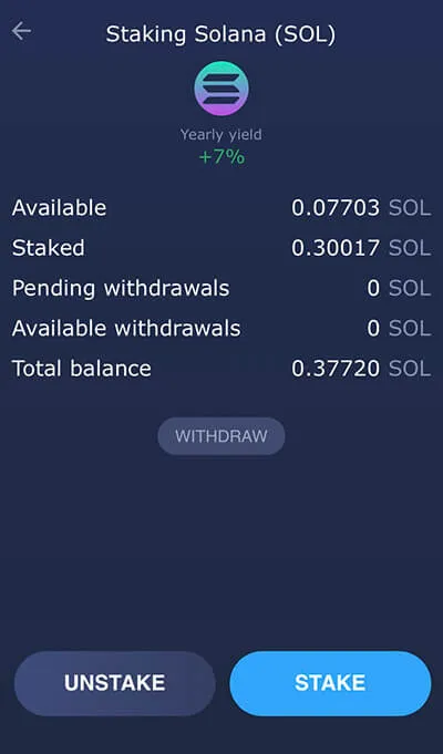 SOL staking interface in the mobile version of Atomic Wallet